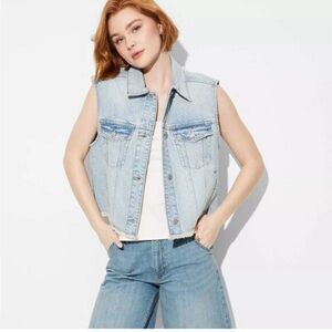 Wild Fable Women's Denim Oversized Frayed Hem Trucker Vest Indigo Size Large
